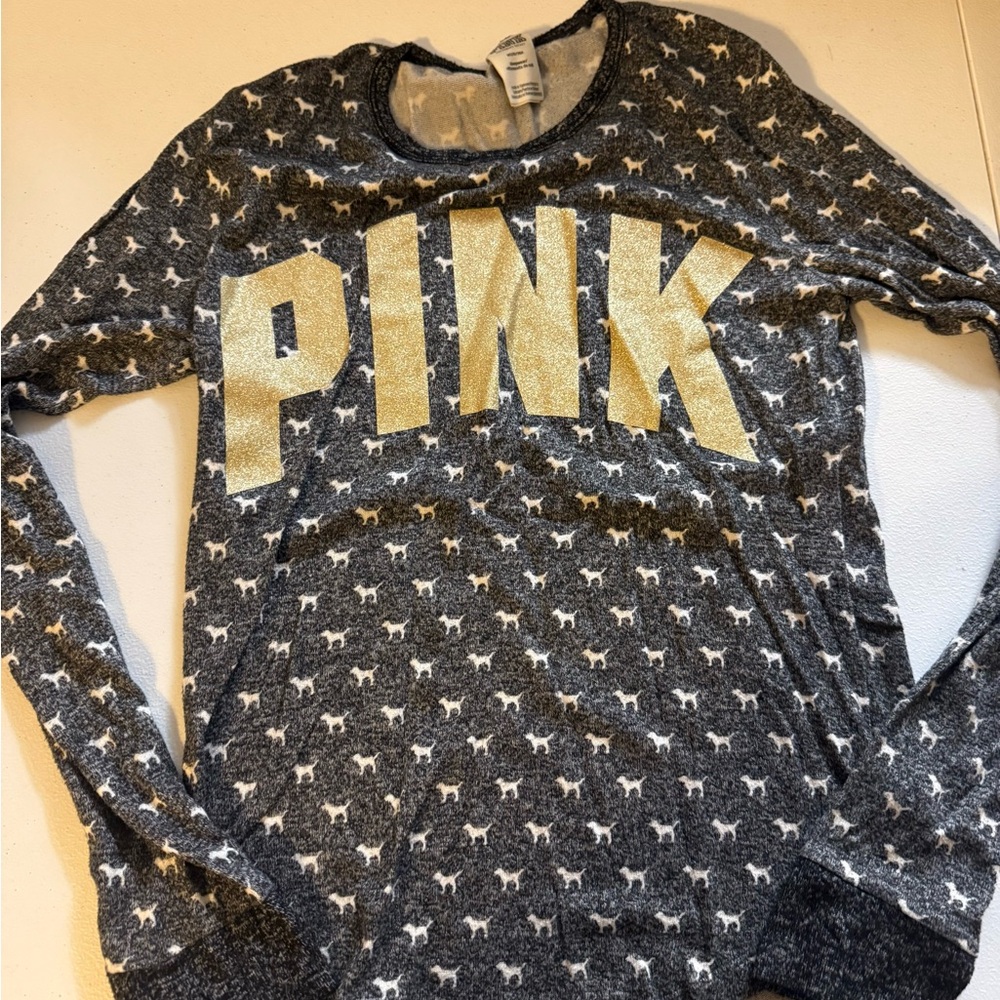 Victoria's Secret Pink Sleepwear Top Gold Glitter Dog Print Women's Size Medium